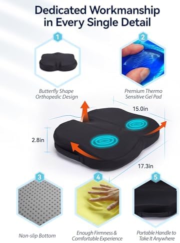 Travel Ease Ergonomic Seat Cushion, Premium Gel Memory Foam Chair Pad with Anti-Slip Base for Long Hours Sitting Comfort, Hip Support Pillow for Office Chair, Car Seat, Gaming Chair (Black) - Image 2