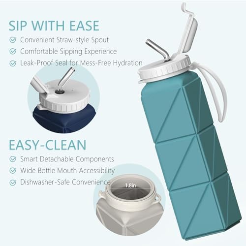 Collapsible Water Bottle with Straw, Silicone Foldable Portable Water Bottles 610ml Lightweight Reusable Leakproof for Travel Camping Hiking Cycling Yoga Sports - Image 6