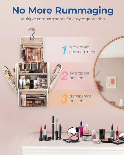 BAGSMART Hanging Makeup Bag for Women Travel Toiletry Bag,Large Capacity Portable Cosmetic Case,Travel Essentials Organizer for Full Sized Cosmetics and Toiletries,Beige - Image 3