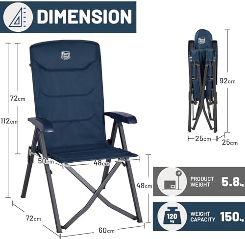 TIMBER RIDGE Camping Chairs for Adults Heavy Duty, Oversized Folding Garden Chair, High Back Outdoor Chair Luxury for Caravan Dining Beach Picnic, Adjustable 4-Position, Support 150kg, Blue - Image 2