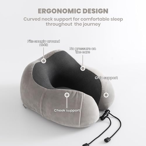 Good Nite Travel Pillow Neck Memory Foam Support Pillow for Adults Travel Airplane Camping Car Train Office Pillow Flight Plane Pillows with Ear Plugs Eye Mask Carry Bag Grey - Image 5