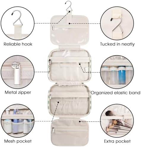 Narwey Checkered Hanging Travel Toiletry Bag for Women Wash Bag Cosmetics Makeup Bag Organizer for Travel Size Accessories(Checkerboard Mint Green (Medium)) - Image 4