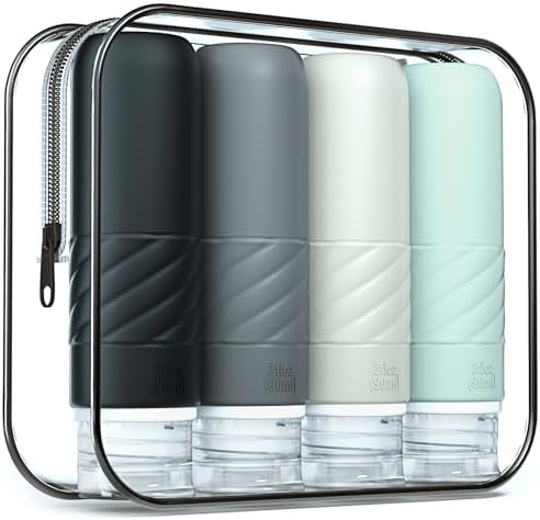 Gemice Travel Bottles for Toiletries, CAA Approved 90ml Silicone Travel Bottles, Leak Proof Squeezable Travel Size Containers, Travel Essentials for Lotion Soap Liquid Shampoo, BPA Free(4 Pack)