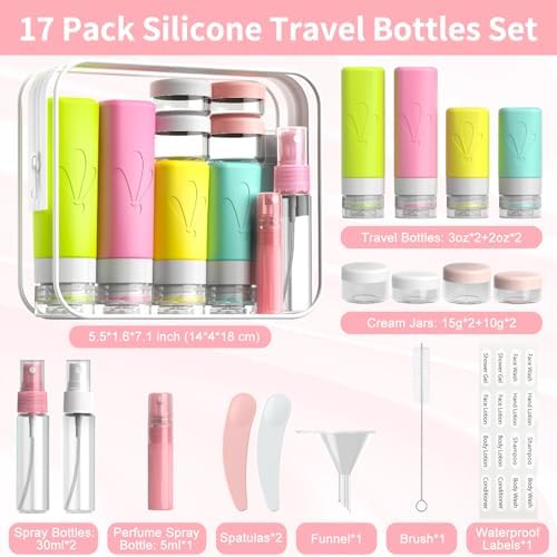INSFIT 17 Pack Silicone Travel Bottles Set - CAA Compliant Leakproof Toiletries Containers, Reusable Travel Size Accessories for Women & Men, Airplane Essentials, Shampoo Lotion Organizer - Image 2