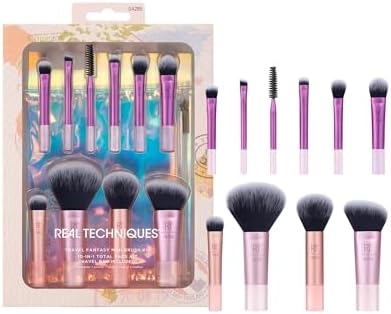 Real Techniques Travel Fantasy Mini Brush Kit, Makeup Brushes For Eyeshadow, Highlight, Contour, Powder, and Concealer, Travel-Sized Brushes and Cosmetic Bag, Synthetic Bristles, 11 Piece Set