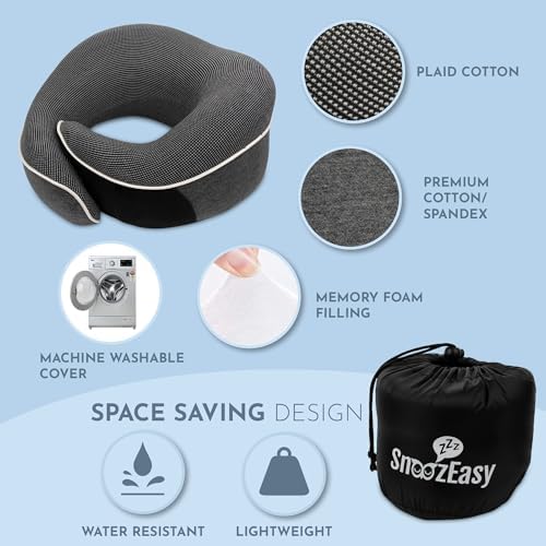 SnoozEasy™ Travel Pillow for Adults | Memory Foam 360 Degree Neck Support with Removable Pillow Case | Includes Travel Bag, Eye Mask and Ear Plugs | Dark Grey | UK Brand - Image 7