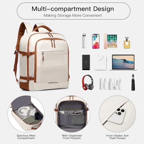 Kono Cabin Travel Backpack 45 x 36 x 20 cm Easyjet Luggage Bag Laptop Weekend Duffel Bag 30L (Beige/Brown) - Image 3