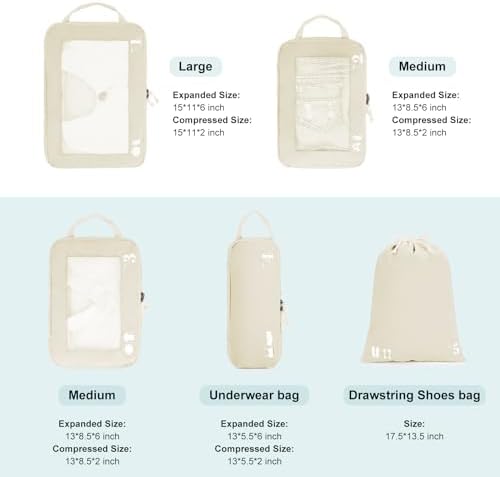 ECOHUB 5 Set Compression Packing Cubes for Suitcases Organiser Bags Travel Accessories with Shoes Bag Tear-resistant Travel Cubes with ID Tag Expandable Packing Bags(Beige) - Image 3