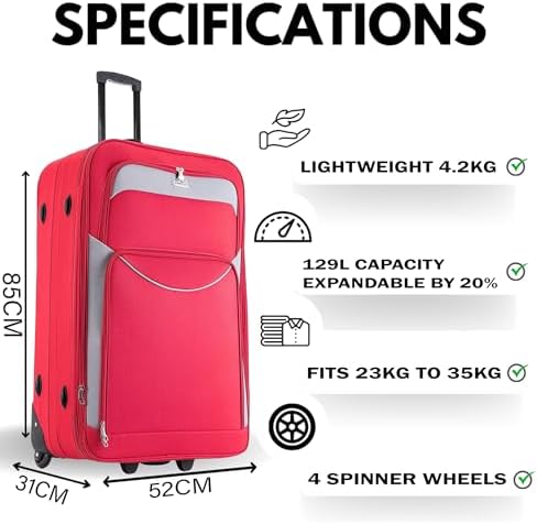 32" Extra Large Suitcase Lightweight Luggage Expandable Hold Check in Travel Bag on Wheels RED 129L - Image 2