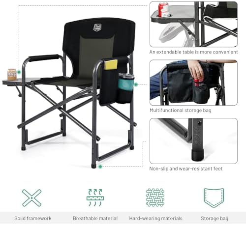 TIMBER RIDGE Camping Chair Heavy Duty 180kg Capacity, Directors Chair Folding Aluminum with Side Table, Portable for Outdoor Festival BBQs Black - Image 5