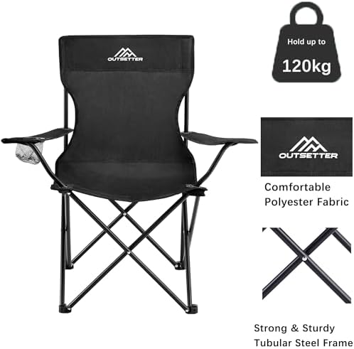 Camping Chair | Lightweight Folding | Portable Chairs for Outdoors | Cup Holder | Storage Cover | Outdoor Leisure Chair Durable with Arm Rest for the Beach, Lawn, Fishing Trip Garden and BBQs Black - Image 4