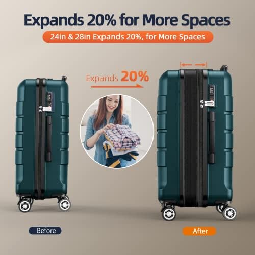 SHOWKOO Luggage Sets 3 Piece Hard Shell PC+ABS Expandable Lightweight Durable Trolley Travel Suitcase with Spinner Wheels TSA Lock, 20" 24" 28" -Army Green - Image 5