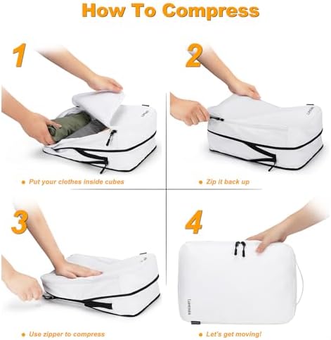 Compression Packing Cubes, Lumesner 8 Set Travel Packing Cubes for Carry on Suitcases, Compression Suitcase Organizers Bag Set & Travel Cubes (8-piece, White) - Image 4