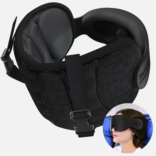 Travel Pillow for Airplane, Neck Pillow for Sleeping Travel with Eye Mask, Airplane Pillow for Long Flight, Kids Travel Pillows for Car, Road Trip Car Headrest,Stop Bobblehead, Black