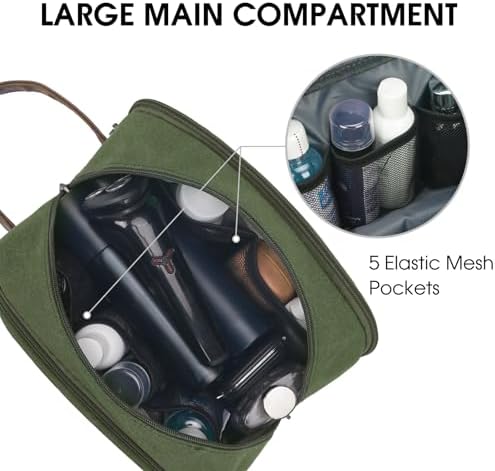 WANDF Travel Toiletry Bag for Men Hanging Dopp Kit Canvas Toiletry Organizer Water-Resistant Vegan Leather Shaving Bag for Toiletries Accessories (Green) - Image 3