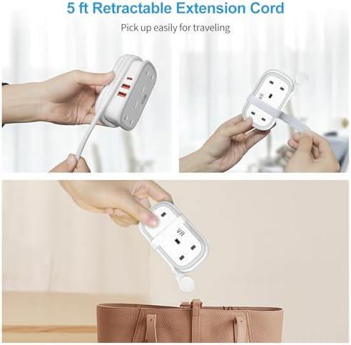 UK to US Plug Adapter with 1.5M Extension Cable, BEVA 2 Way 3 USB (2A+1C) Travel Adapter with Retractable USB C Cable for American, Thailand, Canada, Mexico, Type B - Image 5