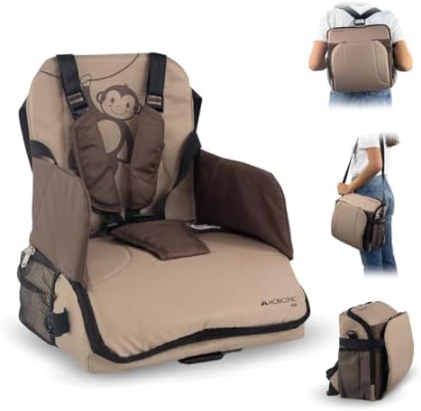 Mobiclinic® Kids, Travel Booster Seat, Monkey, Portable High Chair, Travel High Chair, 6 to 36 Months, Up to 15 kg(33 lb), Foldable, with Storage, Baby High Chair, Baby Seat, Colour Beige