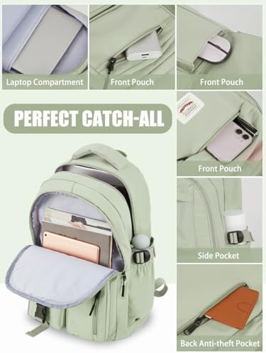 FIORETTO Lightweight School Backpack Womens, Cute School Bag for Teenager Girls, 14 Inch Laptop Rucksack Casual Daypack Backpack for Travel College Work Green - Image 6