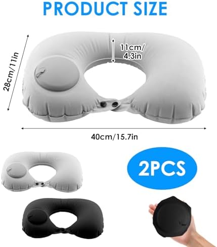 2Pcs Inflatable Travel Pillow Press Automatic Inflatable Travel Neck U Shape Portable Pillow Neck&Head Support Christmas Thanksgiving for Sleeping, Airplane,Train, Car, Office, Camping (Grey/Black) - Image 2