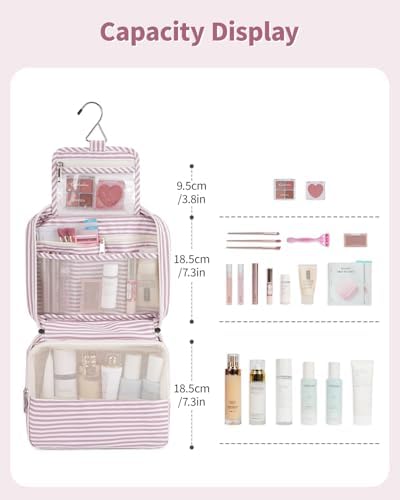 Travel Hanging Toiletry Wash Bag Makeup Cosmetic Organizer for Women Waterproof (Dusty Rose Stripe) - Image 2