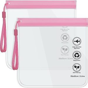 Clear Travel Toiletry Bag - Airport Security Liquids Bags, Airport Liquid Bag 20 x 20cm TSA Approved, Travel Accessories Makeup Bags Holiday Essentials Luggage for Men Women (2pcs Pink)