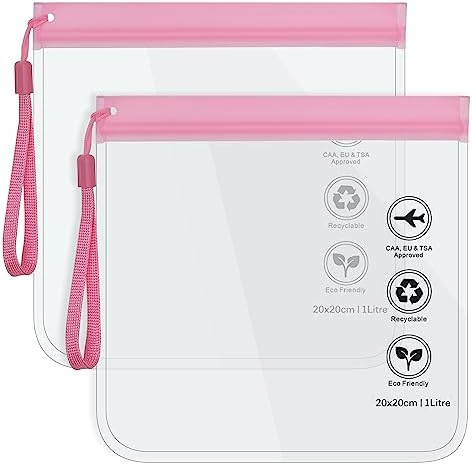 Clear Travel Toiletry Bag - Airport Security Liquids Bags, Airport Liquid Bag 20 x 20cm TSA Approved, Travel Accessories Makeup Bags Holiday Essentials Luggage for Men Women (2pcs Pink)