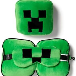 Puckator Relaxeazzz Minecraft Creeper Shaped Plush Travel Pillow & Eye Mask - Sleep Eye Mask Masks - Kids Travel Accessories For Sleeping Airplane - Flight Plane Neck Pillow Pillows