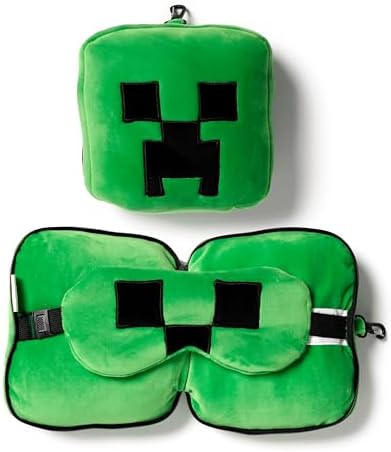 Puckator Relaxeazzz Minecraft Creeper Shaped Plush Travel Pillow & Eye Mask - Sleep Eye Mask Masks - Kids Travel Accessories For Sleeping Airplane - Flight Plane Neck Pillow Pillows
