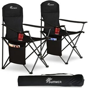 SUNMER Set of 2 Folding Camping Chairs, Extra-Wide Lightweight Outdoor Chairs with Armrests, Cup Holder and a Side Pocket, 120kg Capacity per Chair - Black
