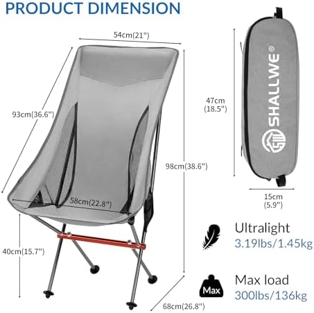 SHALLWE Ultralight High Back Folding Camping Chair, Upgraded All Aluminum Frame for Adult, Built-in Pillow, Side Pocket & Carry Bag, Compact & Heavy Duty for Outdoor Backpacking(Silver) - Image 2