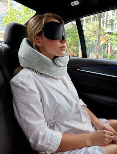 Travel Pillow, Neck Pillow, 100% Pure Memory Foam Sleeping Pillow for Car, Train and Airplane, Travel Kit with 3D Contoured Eye Masks and Earplugs, Grey - Image 6