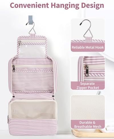 Travel Hanging Toiletry Wash Bag Makeup Cosmetic Organizer for Women Waterproof (Dusty Rose Stripe) - Image 4