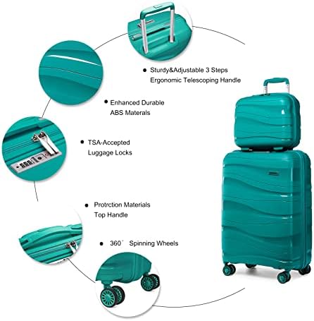 Kono Luggage Sets of 2 Piece Lightweight Polypropylene Hard Shell Suitcase with TSA Lock Spinner Wheels Travel Carry On Hand Cabin Luggage with Beauty Case (Set of 2, Turquoise) - Image 4