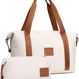 COOLIFE Travel Duffel Bag, Weekend Bag with Trolley Sleeve, Cabin Bag 40x20x25 for Ryanair Airlines, Dry & Wet Seperated Sports Gym Bag Carry On Bag Sports Bag (White, 2 Piece Set)