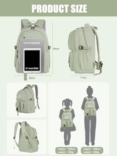 FIORETTO Lightweight School Backpack Womens, Cute School Bag for Teenager Girls, 14 Inch Laptop Rucksack Casual Daypack Backpack for Travel College Work Green - Image 5