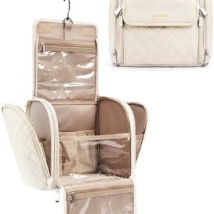 BAGSMART Hanging Makeup Bag for Women Travel Toiletry Bag,Large Capacity Portable Cosmetic Case,Travel Essentials Organizer for Full Sized Cosmetics and Toiletries,Beige