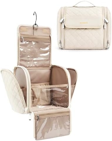 BAGSMART Hanging Makeup Bag for Women Travel Toiletry Bag,Large Capacity Portable Cosmetic Case,Travel Essentials Organizer for Full Sized Cosmetics and Toiletries,Beige
