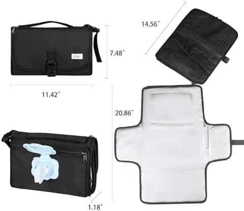 LANDICI Portable Nappy Changing Mat Travel Baby Change Mat with Smart Wipes Pocket,Foldable Waterproof Diaper Pad Bag,Baby Essentials Changing Station for Boy & Girl,Newborn Shower Gifts -Black - Image 2