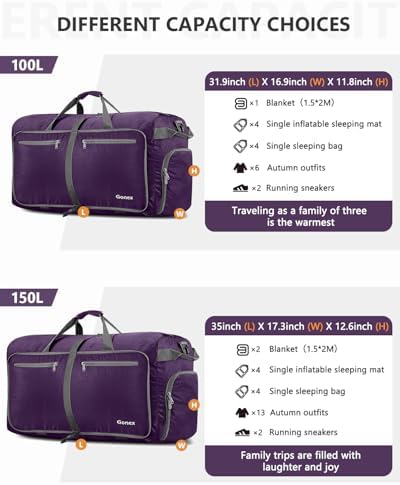 60L Travel Duffel Bag Foldable Water Resistant Travel Bag Lightweight Duffel Bag with Big Capacity for Luggage Gym Sports Purple - Image 6