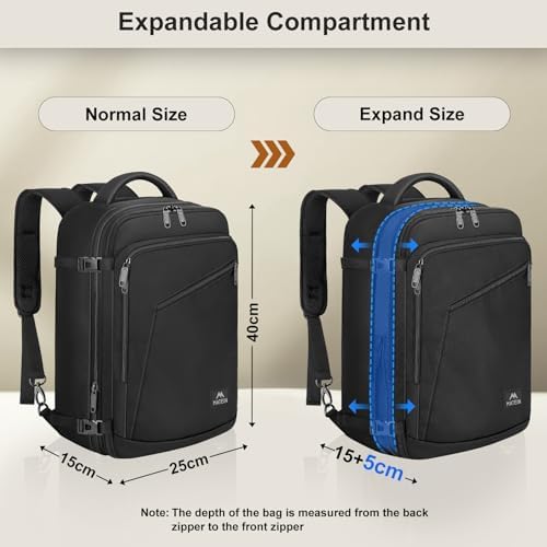 MATEIN Expandable Ryanair Cabin Bags 40x20x25 Underseat, Travel Backpack Cabin Size 20L, Ryanair Underseat Bag 40x20x25, Rucksack for Plane Hand Luggage Backpack, Casual Daypack for Airlines, Black - Image 3