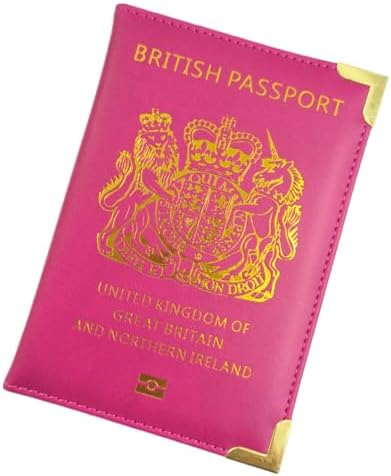 British Passport Holder, Portable UK Passport Cover for Women Men, PU Leather Travel Wallet Case Organiser for Passport Credit Cards Boarding Passes (Hot Pink)