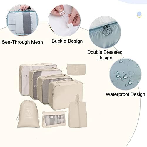 SHAINE Packing Cubes 8pcs Compression Luggage Organiser Bags Waterproof Travel Essentials for Flying Suitcase (QC01BE-DDD), Beige - Image 2