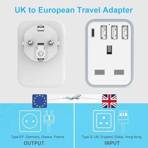 European Travel Adapter - 5 in 1 UK to EU Adapter with 4 USB Ports, UK to Turkey Travel Plug, Grounded Schuko Plug for Germany, France, Spain, Portugal, Poland, Austria (Type E/F) - Image 3