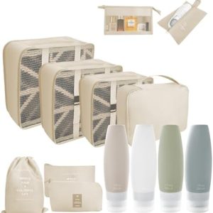 DAWNTREES Silicone Travel Bottles and 9 Pcs Packing Cubes for Suitcase,Travel Kit,Travel Essential, Beige