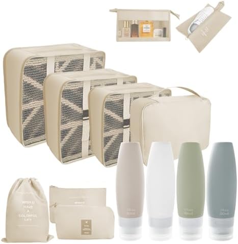 DAWNTREES Silicone Travel Bottles and 9 Pcs Packing Cubes for Suitcase,Travel Kit,Travel Essential, Beige