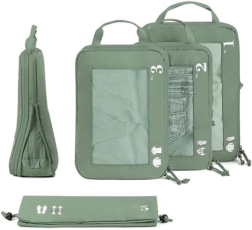 ECOHUB 5 Set Compression Packing Cubes for Suitcases Organiser Bags Travel Accessories with Shoes Bag Tear-resistant Travel Cubes with ID Tag Expandable Packing Bags(Green) - Image 9