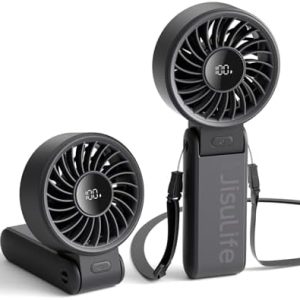 JISULIFE Handheld Fan Life7 – Ultimate Flexibility: High-Power Motor, LED Display, 5000mAh Rechargeable, 5-Speed, Foldable Design, 3-IN-1 Portable Hand/Desk/Neck Fan for Travel, Gift for Women (Black)