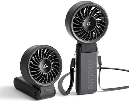 JISULIFE Handheld Fan Life7 – Ultimate Flexibility: High-Power Motor, LED Display, 5000mAh Rechargeable, 5-Speed, Foldable Design, 3-IN-1 Portable Hand/Desk/Neck Fan for Travel, Gift for Women (Black)