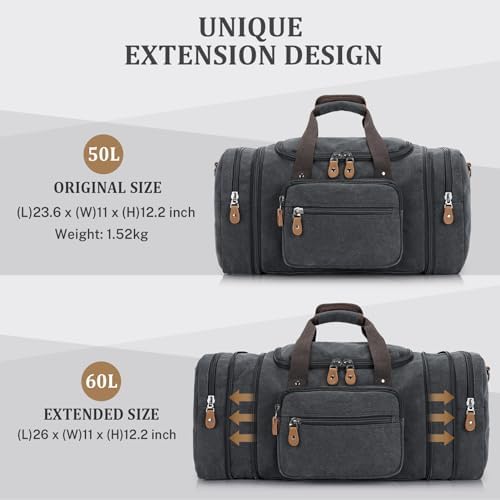 Gonex Expandable Canvas Holdall for Men, 50L / 60L Duffel - Multi-Pockets Overnight Weekend Bag, Unisex Holdall Travel Duffle - Weekender bag, Dark Grey - Image 5