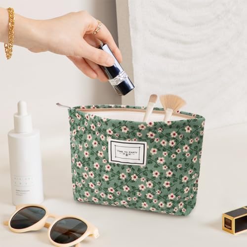 Cosmetic Bags, 2 Pcs Small Floral Canvas Cosmetic Bag, Rose Flower Printing Corduroy Toiletry Bag, Multifunctional Travel Makeup Bag with Metal Zipper for Women Girls Gift - Image 4